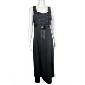 VTG 90s Victory Black Whimsigoth Gown L Textured Rosette Bodice Satin Bow Dress